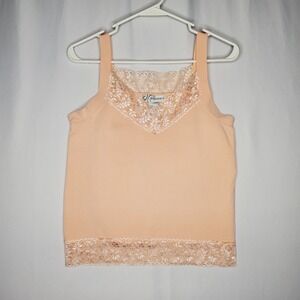 Dressbarn Tank Top Womens Medium Peach Pink Lace Trim V-Neck Cami